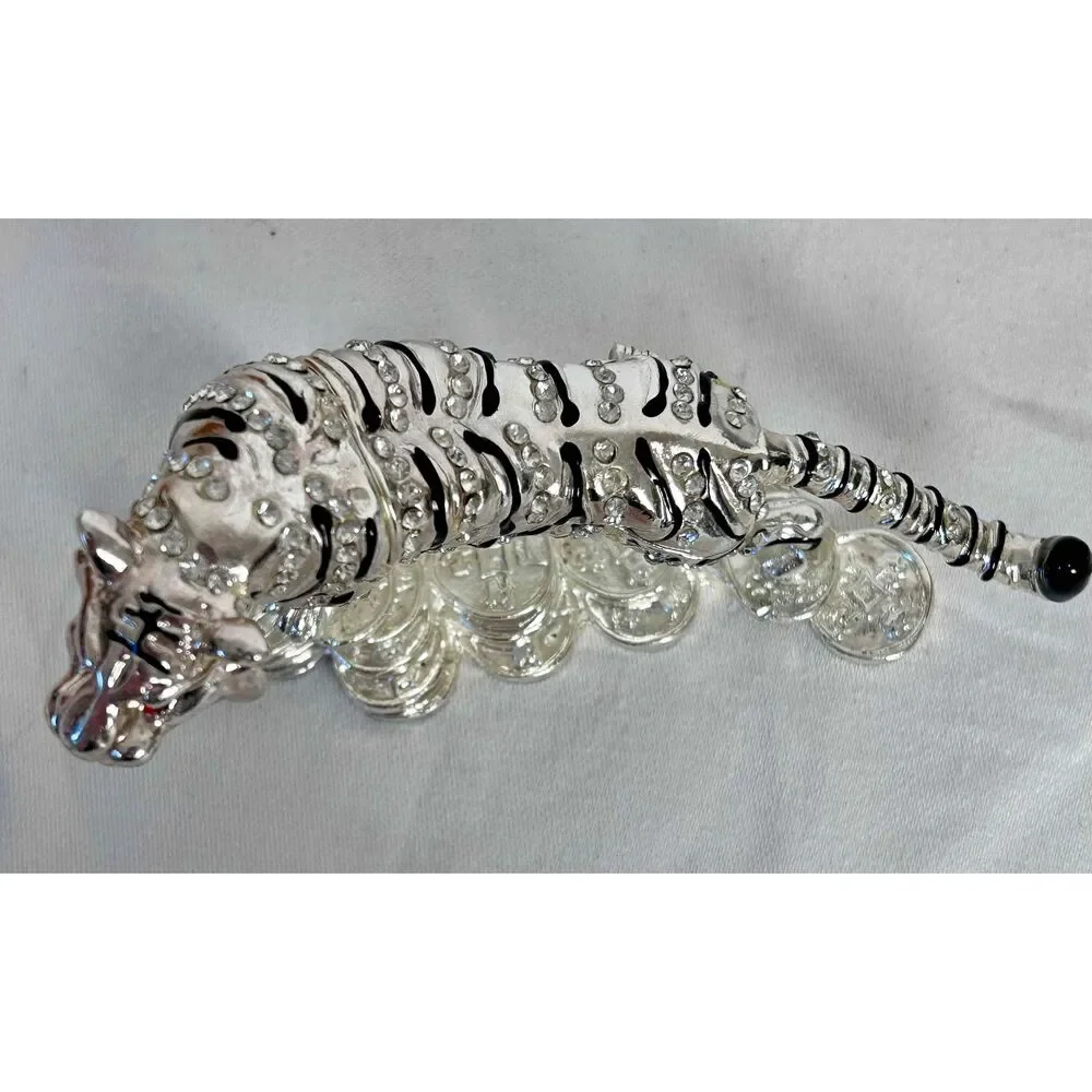 Metal Silver Toned Bejeweled Tiger Trinket Box Crystal‎ Accents Red Eyes